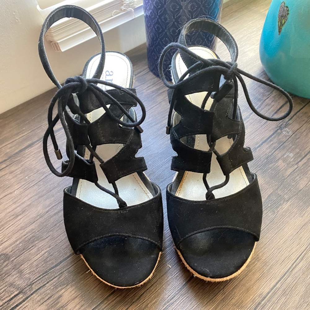 A.N.A Black Strappy Wedges